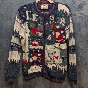 Tiara International Vintage 2002 Let It Snow Christmas Zip Cardigan Sweater Blue